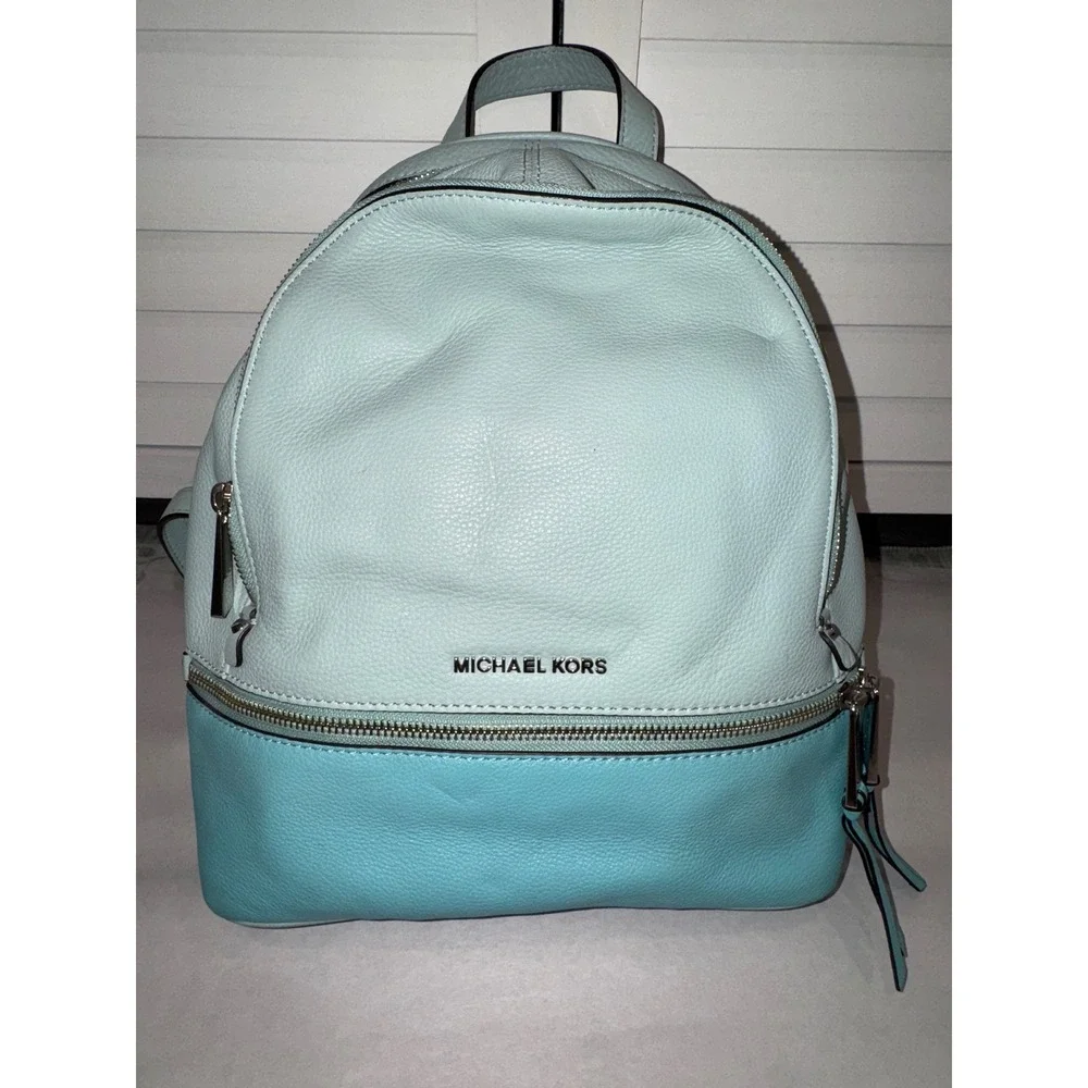 Michael Kors Rhea Zip Backpack Women Blue Pebbled Leather Colorblock Medium - Picture 2 of 10